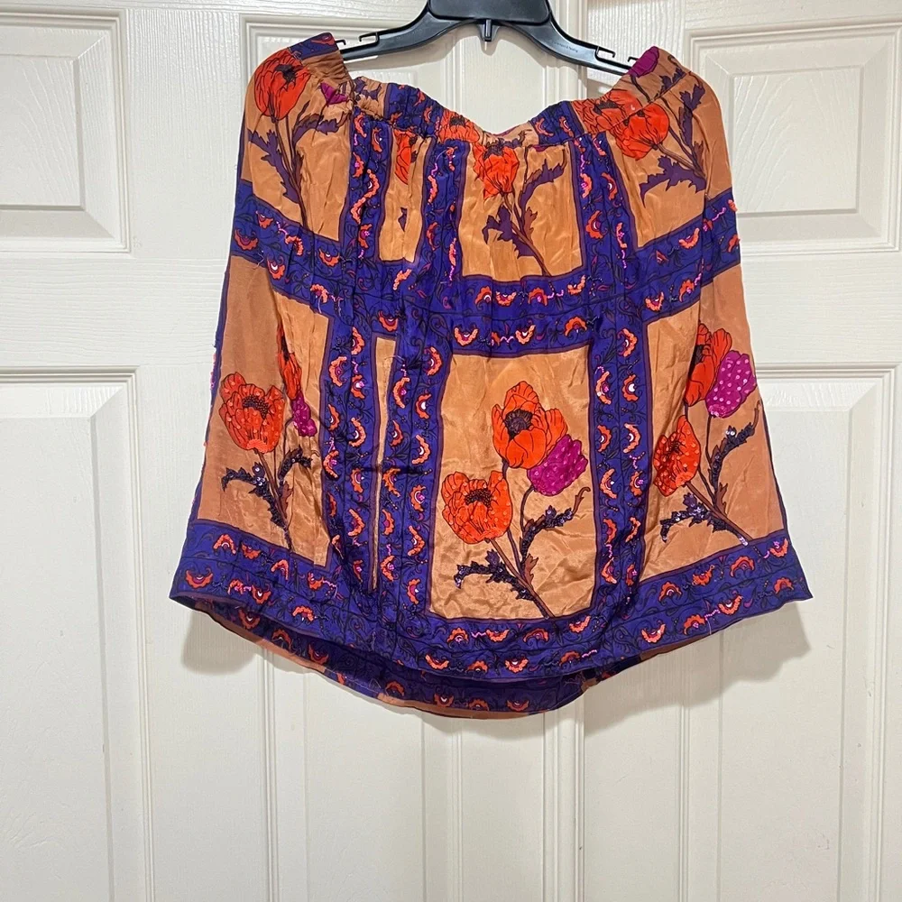 Maeve multicolor floral silk sequins mini Skirt stretch‎ waist Size large